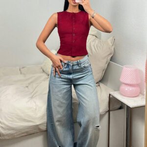 SHEIN EZwear Women's Casual Simple Solid Color Single-Breasted Fitted Crop Tank Top, Summer