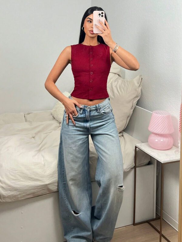 SHEIN EZwear Women's Casual Simple Solid Color Single-Breasted Fitted Crop Tank Top, Summer – Image 3