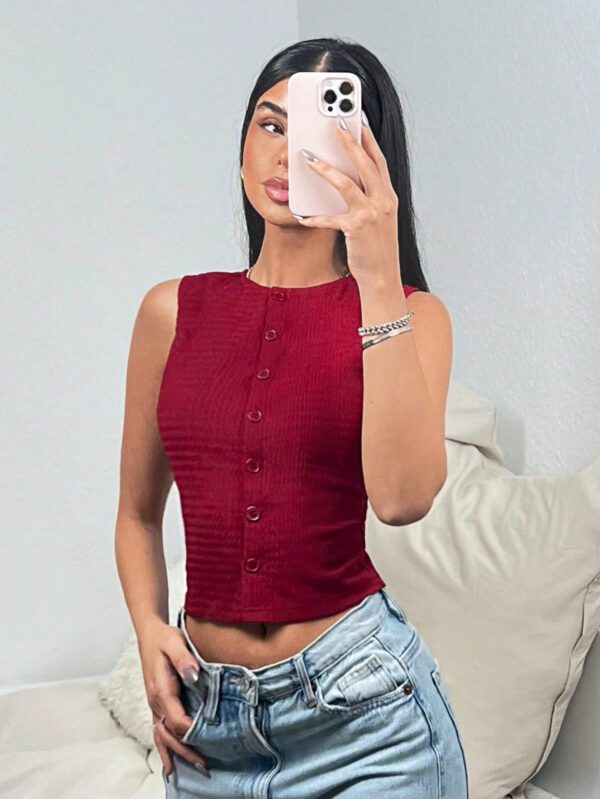 SHEIN EZwear Women's Casual Simple Solid Color Single-Breasted Fitted Crop Tank Top, Summer – Image 4