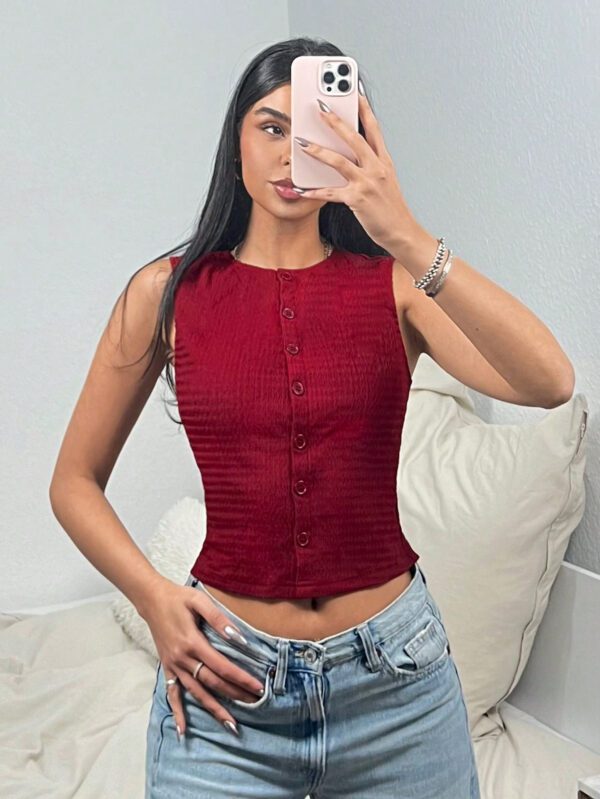 SHEIN EZwear Women's Casual Simple Solid Color Single-Breasted Fitted Crop Tank Top, Summer – Image 5