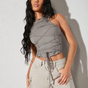 SHEIN BAE Solid Color Complex Laced Tight Tank Top