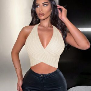SHEIN SXY Crossed Wrap Knitted Top With Open Back And Halter Neck Design