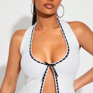 SHEIN SXY Simple Minimalist Sexy Halter Contrast Color Ribbon Bow Backless Sexy Knitted Tank Top
