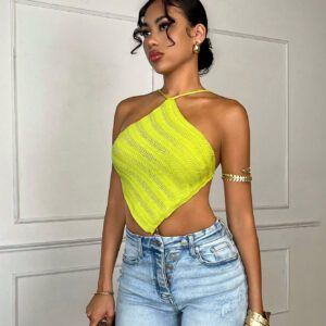 SHEIN BAE Striped Lace Up Backless Asymmetrical Hem Knit Top&Women Bathing Suits&Summer Outfits&Rave Festival Outfits&Women Tops&One Piece Swimsuit&Swimsuit&Crop Top&Bikini