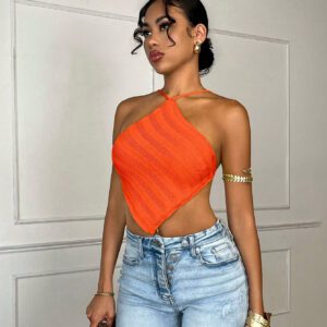 SHEIN BAE Striped Lace Up Backless Asymmetrical Hem Knit Top&Women Bathing Suits&Summer Outfits&Rave Festival Outfits&Women Tops&One Piece Swimsuit&Swimsuit&Crop Top&Bikini
