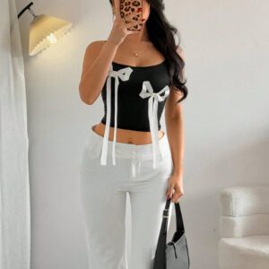 SHEIN Relaxiva Cute Bow Accent Black White Contrast Form-Fitting Camisole