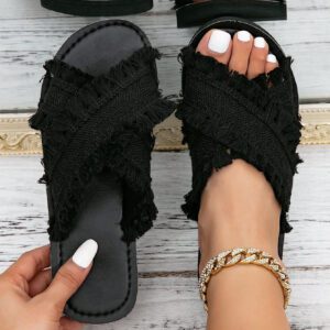 Sandales plates à franges élégantes et de conception originale pour femmes en beige, convenant à la plage. Style peep-toe doux et mignon, respirant et confortable, léger pour les vacances, idéal pour les soirées, les banquets et les occasions décontractées