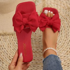 Sandales plates confortables pour femmes grandes tailles, style européen et américain, avec bout ouvert, nœud papillon et tige en tissu. Chaussures d'été décontractées et à la mode pour la plage et l'extérieur, idéales pour la Saint-Valentin