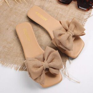 Sandales plates confortables pour femmes grandes tailles, style européen et américain, avec bout ouvert, nœud papillon et tige en tissu. Chaussures d'été décontractées et à la mode pour la plage et l'extérieur, idéales pour la Saint-Valentin