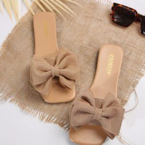 Sandales plates confortables pour femmes grandes tailles, style européen et américain, avec bout ouvert, nœud papillon et tige en tissu. Chaussures d'été décontractées et à la mode pour la plage et l'extérieur, idéales pour la Saint-Valentin