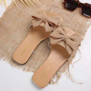 Sandales plates confortables pour femmes grandes tailles, style européen et américain, avec bout ouvert, nœud papillon et tige en tissu. Chaussures d'été décontractées et à la mode pour la plage et l'extérieur, idéales pour la Saint-Valentin