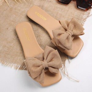 Sandales plates confortables pour femmes grandes tailles, style européen et américain, avec bout ouvert, nœud papillon et tige en tissu. Chaussures d'été décontractées et à la mode pour la plage et l'extérieur, idéales pour la Saint-Valentin