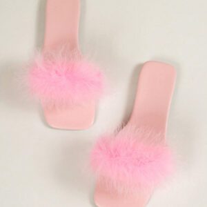 Sandales plates moelleuses à bout carré pour femmes, mules mode une pièce pour fête et robe, printemps/été