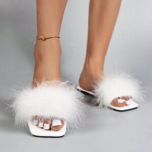 Sandales plates moelleuses à bout carré pour femmes, mules mode une pièce pour fête et robe, printemps/été