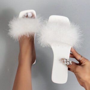 Sandales plates moelleuses à bout carré pour femmes, mules mode une pièce pour fête et robe, printemps/été