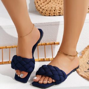 Sandales Plates Femme Bleu Marine Vacances Tissé Sangle Unicolore Avec Design Tressé