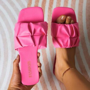 Sandales plates pour femmes avec bout carré, bague d'orteil, vamp plissé, antidérapant, chaussures décontractées de plage extérieure pour vacances