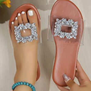 Sandales à bride transparente et à bout ouvert, décorées de diamants, pour femmes, de couleur marron, Mules style et mode pour la plage