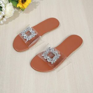 Sandales à bride transparente et à bout ouvert, décorées de diamants, pour femmes, de couleur marron, Mules style et mode pour la plage