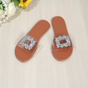 Sandales à bride transparente et à bout ouvert, décorées de diamants, pour femmes, de couleur marron, Mules style et mode pour la plage