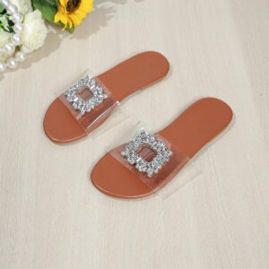 Sandales à bride transparente et à bout ouvert, décorées de diamants, pour femmes, de couleur marron, Mules style et mode pour la plage