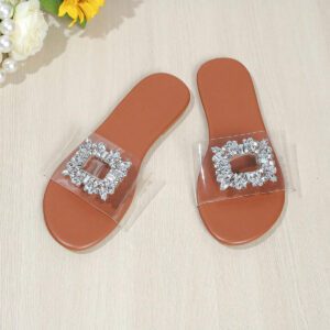 Sandales à bride transparente et à bout ouvert, décorées de diamants, pour femmes, de couleur marron, Mules style et mode pour la plage