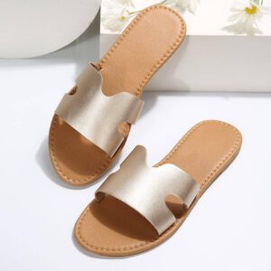 Sandales plates dorées pour femmes, modèle classique H à bout ouvert et ajouré, style casual pour la plage