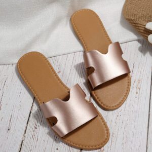 Sandales plates dorées pour femmes, modèle classique H à bout ouvert et ajouré, style casual pour la plage