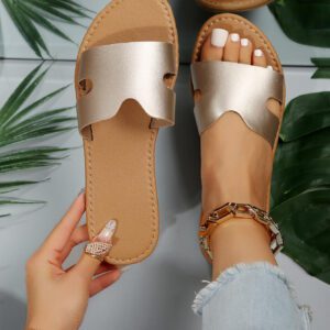 Sandales plates dorées pour femmes, modèle classique H à bout ouvert et ajouré, style casual pour la plage