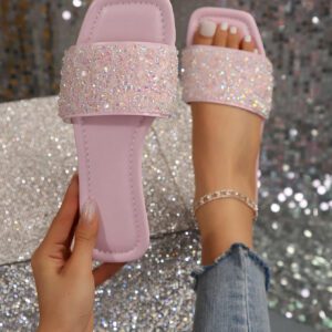 Taille extra grande Mules d'été pour femmes, Sandales plates à bout carré à la mode, Sandales plates sans talon arrière, Chaussures décontracté anti-odeur pour dames, Mules décorées de strass grande taille pour la Saint-Valentin