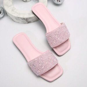 Taille extra grande Mules d'été pour femmes, Sandales plates à bout carré à la mode, Sandales plates sans talon arrière, Chaussures décontracté anti-odeur pour dames, Mules décorées de strass grande taille pour la Saint-Valentin