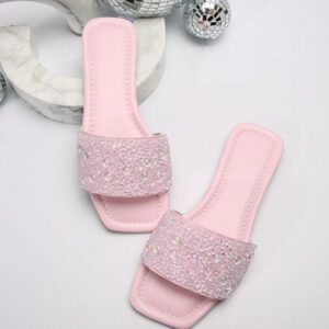 Taille extra grande Mules d'été pour femmes, Sandales plates à bout carré à la mode, Sandales plates sans talon arrière, Chaussures décontracté anti-odeur pour dames, Mules décorées de strass grande taille pour la Saint-Valentin