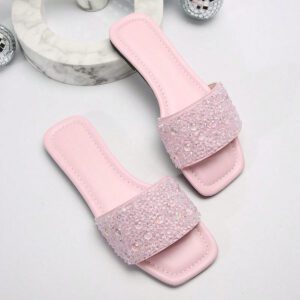Taille extra grande Mules d'été pour femmes, Sandales plates à bout carré à la mode, Sandales plates sans talon arrière, Chaussures décontracté anti-odeur pour dames, Mules décorées de strass grande taille pour la Saint-Valentin