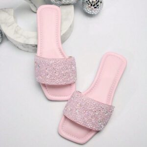 Taille extra grande Mules d'été pour femmes, Sandales plates à bout carré à la mode, Sandales plates sans talon arrière, Chaussures décontracté anti-odeur pour dames, Mules décorées de strass grande taille pour la Saint-Valentin
