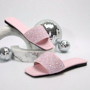 Taille extra grande Mules d'été pour femmes, Sandales plates à bout carré à la mode, Sandales plates sans talon arrière, Chaussures décontracté anti-odeur pour dames, Mules décorées de strass grande taille pour la Saint-Valentin