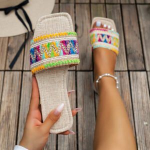 Pantoufles Plates Brodées De Style Estival, Sandales Sexy Pour Fête À La Plage
