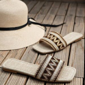 Pantoufles Plates Brodées De Style Estival, Sandales Sexy Pour Fête À La Plage