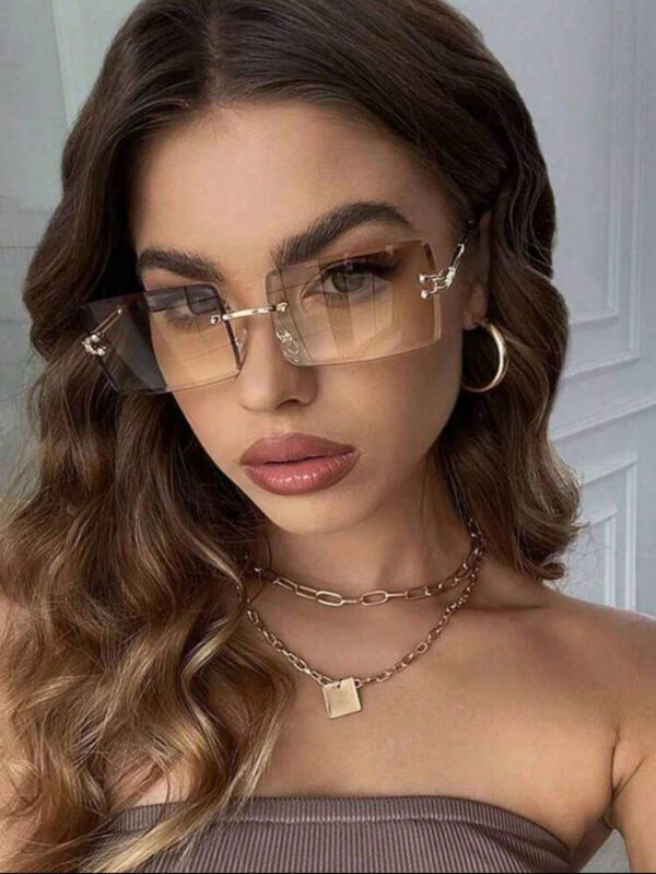1 pièce Lunettes de mode rectangulaires sans monture, colorées déégradé métallique. Convient pour un usage extérieur et les voyages. Accessoire de plage pour femmes. Lunettes de soleil tendance, basiques pour les tenues d'automne-hiver pour femmes. Cadeaux pour le bureau et la tenue casual