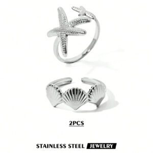 2 pièces/4 pièces Set Bagues en acier inoxydable à la mode avec étoile de mer et coquillage, accessoires de bijoux décontractés pour femmes