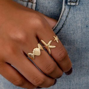 2 pièces/4 pièces Set Bagues en acier inoxydable à la mode avec étoile de mer et coquillage, accessoires de bijoux décontractés pour femmes