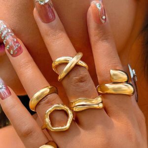 6 pièces Set de bagues géométriques ouvertes incurvées brillantes et tendance, design unique