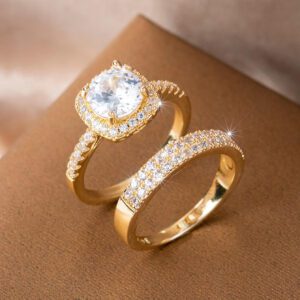 Femme 2 pièces Anneau Carré À Pierre De Cristal Mariage De Mariée Luxe Fiançailles Anniversaire