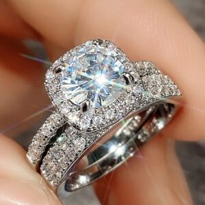 Femme 2 pièces Anneau Carré À Pierre De Cristal Mariage De Mariée Luxe Fiançailles Anniversaire