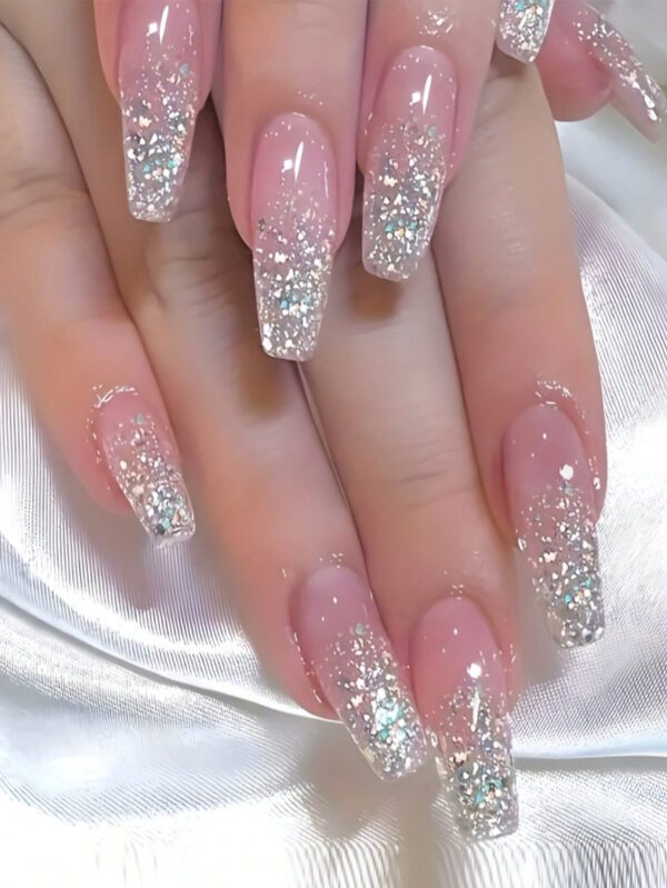 24 pièces Ongles faux longs en forme de cercueil avec paillettes sequins, couverture complète, rose, idéal pour les fêtes, la danse, les ongles press on pour un usage quotidien, fournitures de manucure