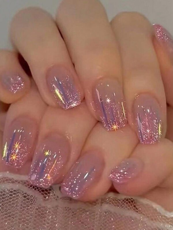 24 pièces Ongles faux longs en forme de cercueil avec paillettes sequins, couverture complète, rose, idéal pour les fêtes, la danse, les ongles press on pour un usage quotidien, fournitures de manucure – Image 4