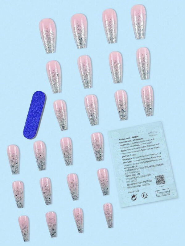 24 pièces Ongles faux longs en forme de cercueil avec paillettes sequins, couverture complète, rose, idéal pour les fêtes, la danse, les ongles press on pour un usage quotidien, fournitures de manucure – Image 7