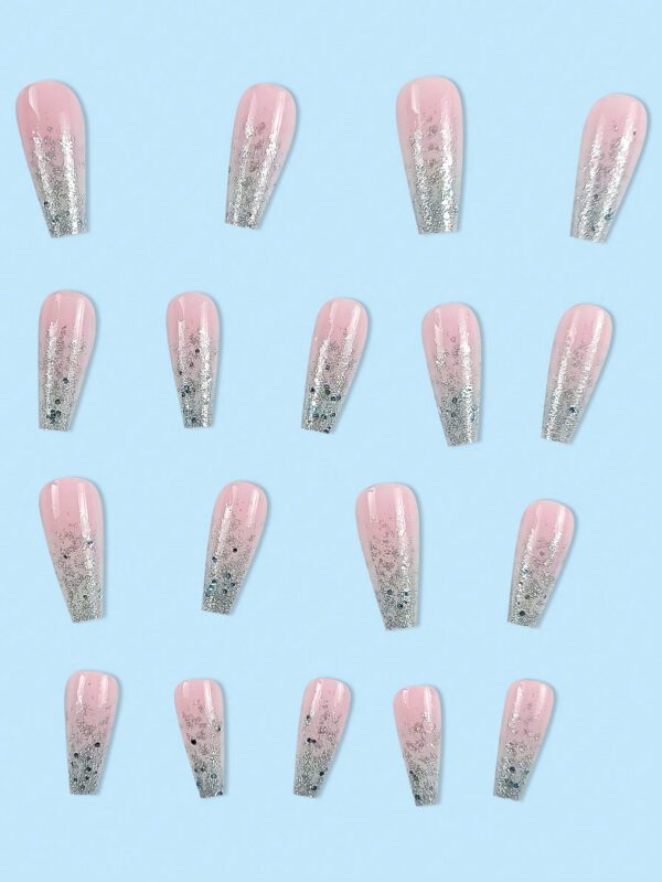 24 pièces Ongles faux longs en forme de cercueil avec paillettes sequins, couverture complète, rose, idéal pour les fêtes, la danse, les ongles press on pour un usage quotidien, fournitures de manucure – Image 8