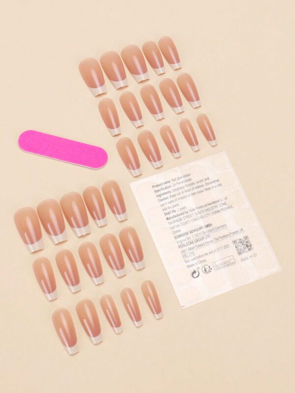 30 pièces de faux ongles en forme de cercueil de style chinois, patches d'ongles simples en blanc et couleurs contrastées, style doux et cool japonais et coréen, nouveaux et pour les bouts de doigts. Assorti à 1 pièce de colle de gelée et 1 pièce de bande abrasive. Convient pour les fêtes, les danses et le port casual quotidien des femmes. Détachables et réutilisables. – Image 2