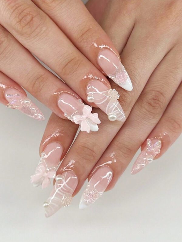 Ensemble de bijoux en camélia français en dentelle de ruban de ballet blanc à nœud papillon fait main de 24 pièces, doux et charmant, en forme d'amande . Convient pour les femmes pour une utilisation quotidienne et avec des faux ongles et des fournitures pour ongles.