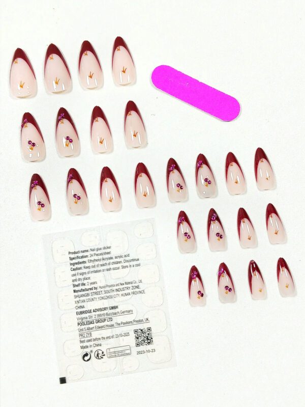 24 pièces de faux ongles attrayants en forme d'amande courte avec motifs de cerise rouge et blanche et d'herbe, conviennent pour un usage quotidien, de festival et de trajet pour femmes, Édition du nouvel an Press On Nails Nail Supplies – Image 5